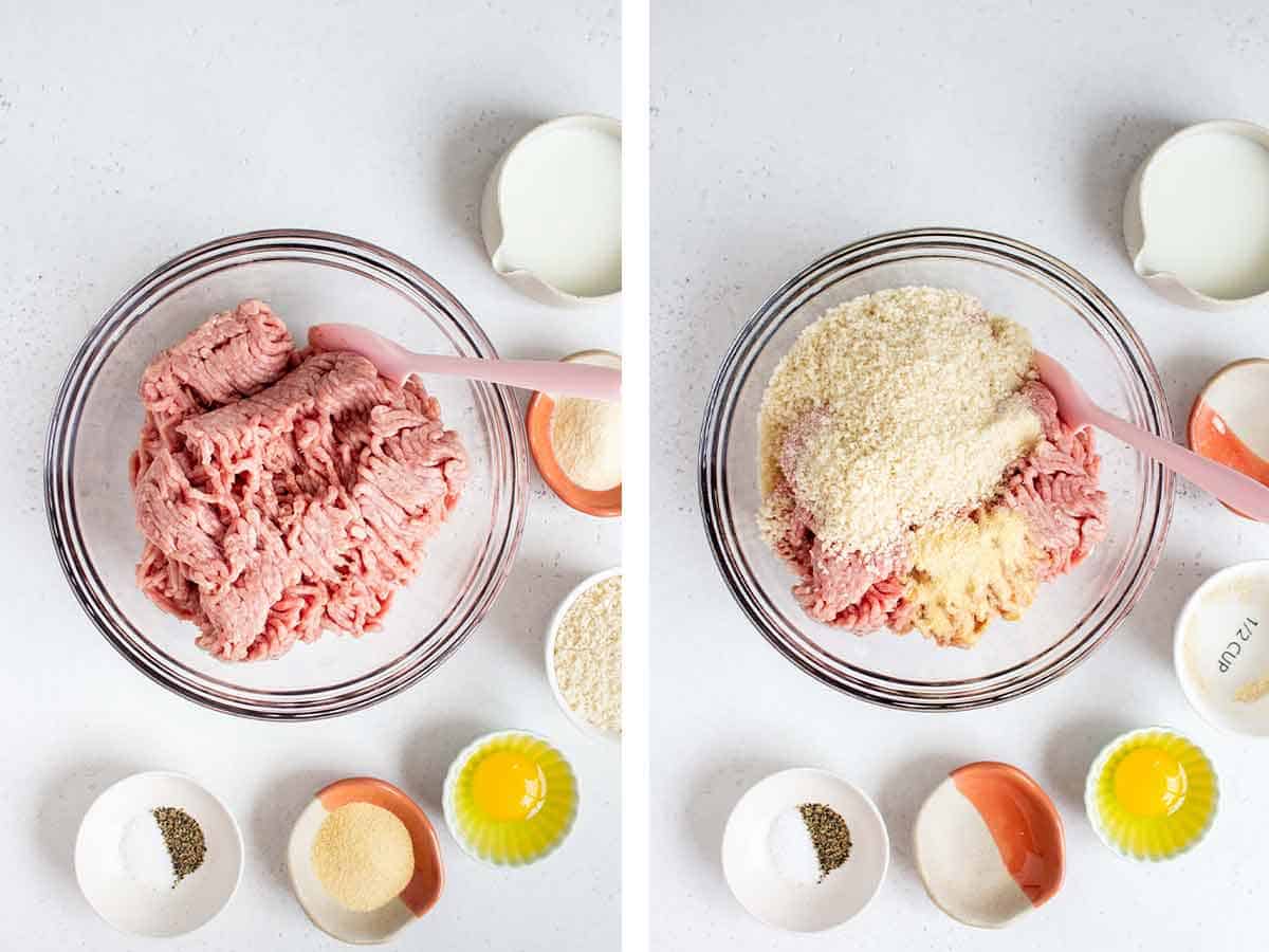 Set of two photos showing ground meat, panko, garlic powder, and onion powder added to a bowl.