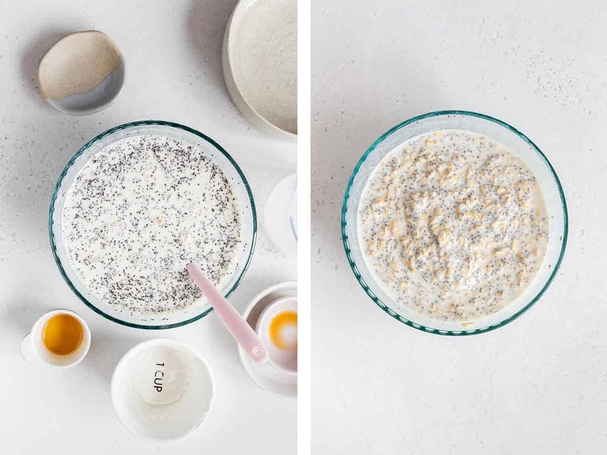 Set of two photos showing before and after vanilla overnight oats setting in the fridge.