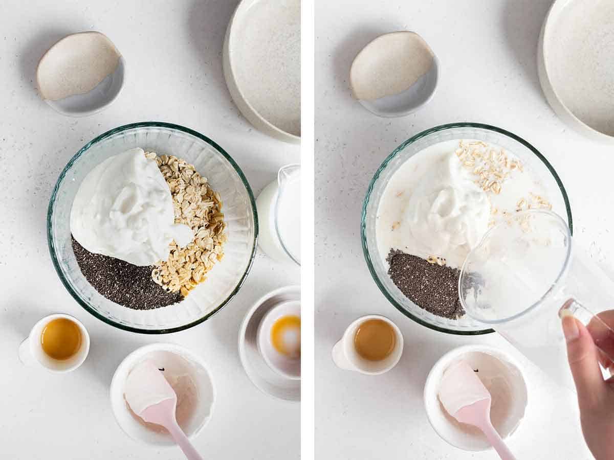Set of two photos showing ingredients for vanilla overnight oats added to a bowl.