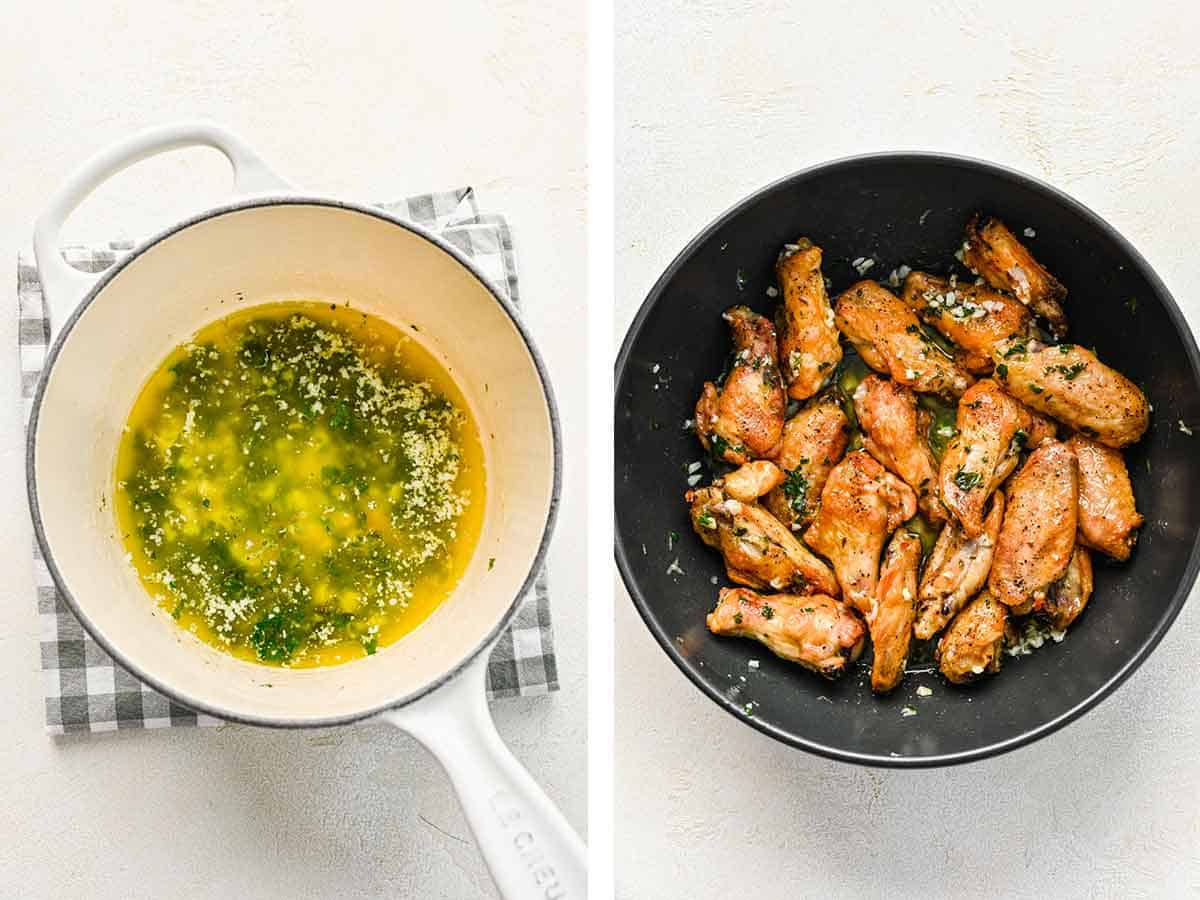 Set of two photos showing sauce in a saucepan then tossed with the chicken.