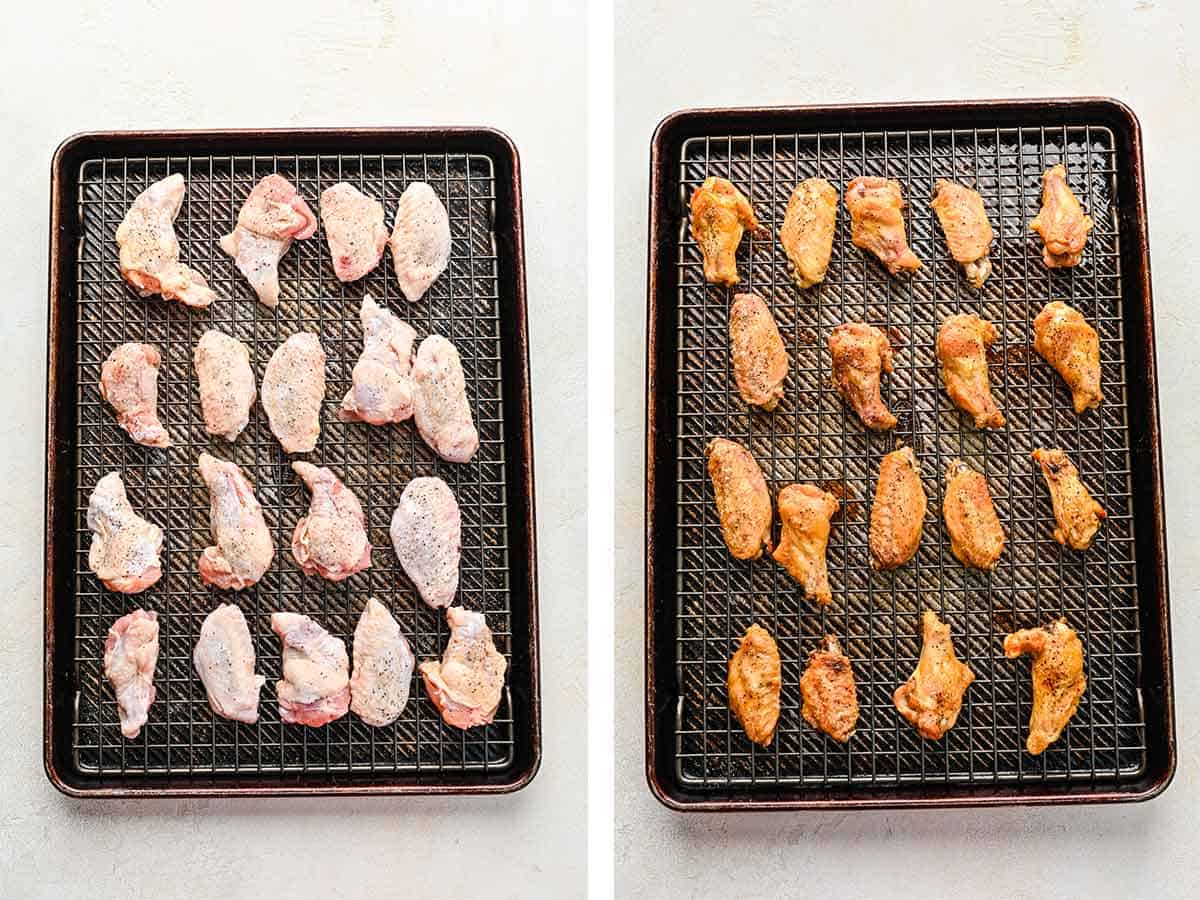 Set of two photos showing before and after baking chicken wings.