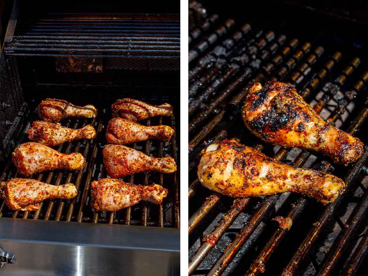 Set of two photos showing before and after drumsticks cooked on a grill.