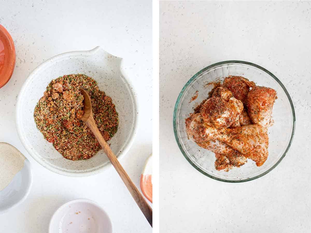 Set of two photos showing seasoning combined in a bowl then tossed with chicken.