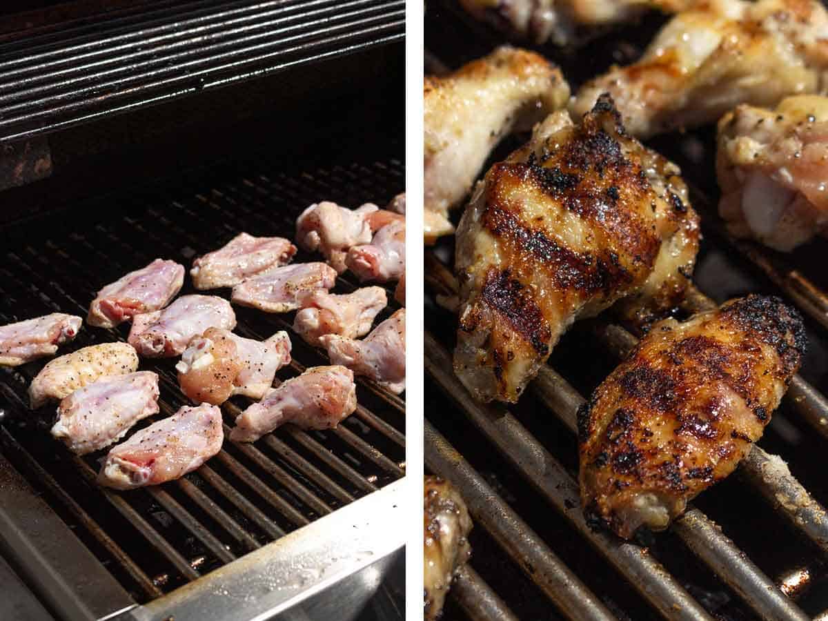 Set of two photos showing before and after wings grilled on grill grates.