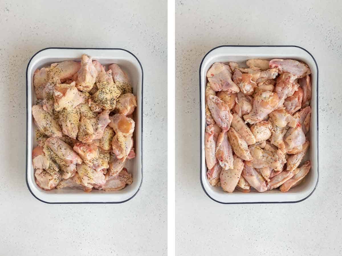 Set of two photos showing before and after meat is seasoning.