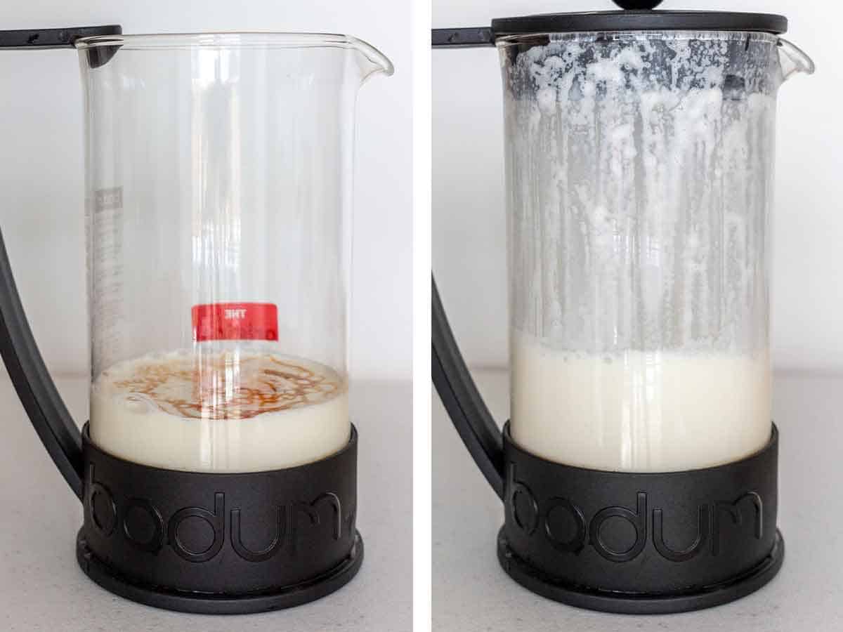 Set of two photos showing salted caramel cold foam created in a french press.