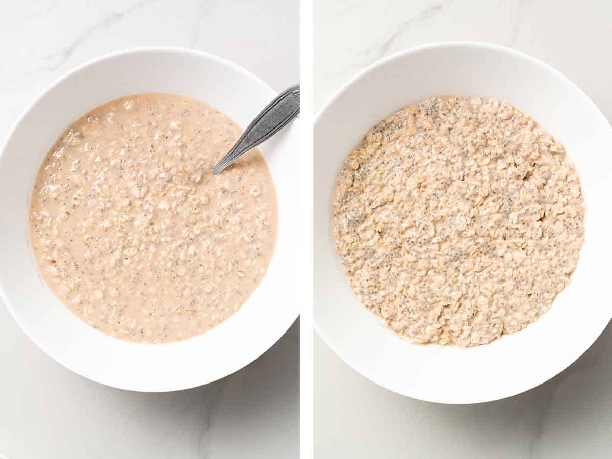 Set of two photos showing before and after overnight oats set.