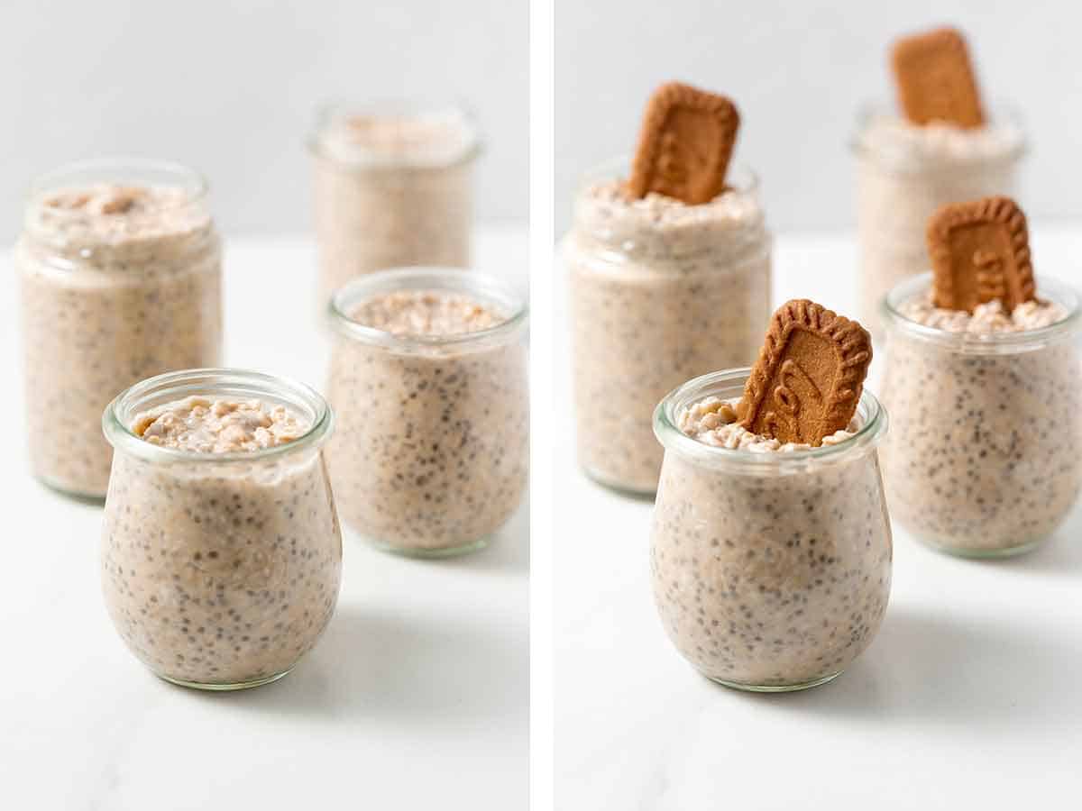 Set of two photos showing biscoff overnight oats added to a jar and topped with a cookie.