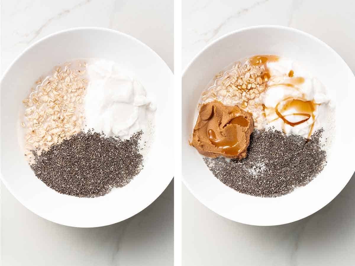 Set of two photos showing ingredients added to a bowl.