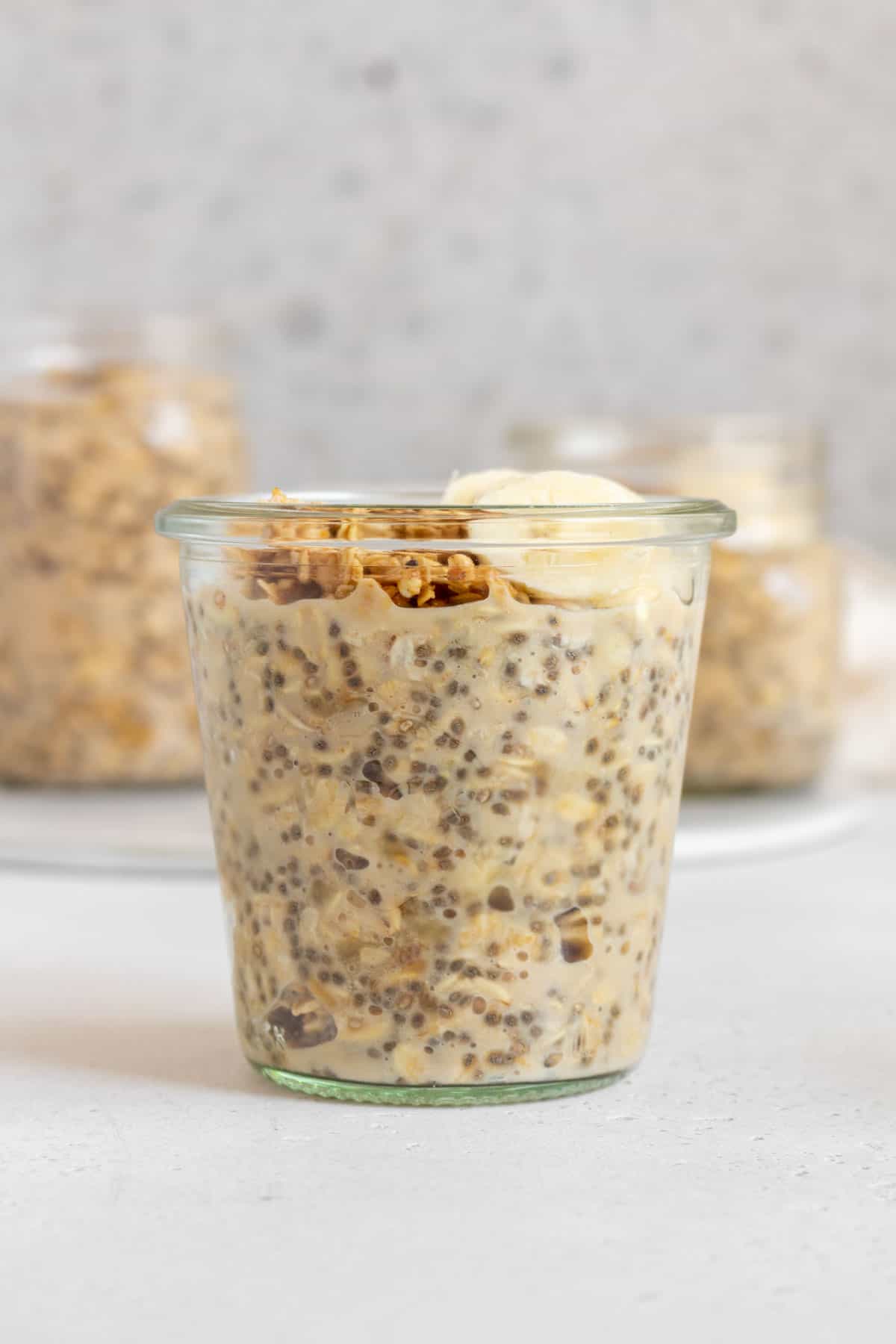 A jar of brown sugar overnight oats.