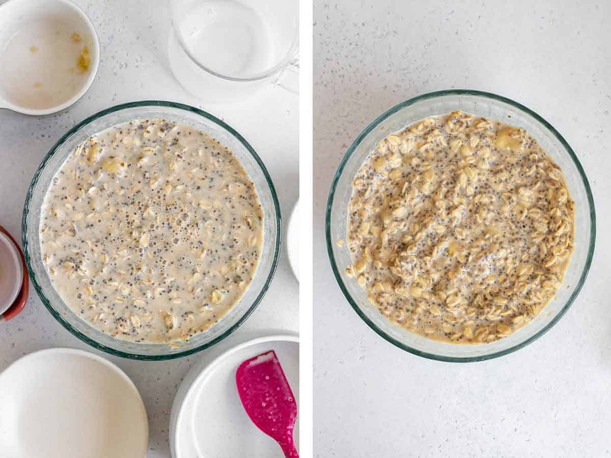 Set of two photos showing before and after brown sugar overnight oats in a bowl setting.