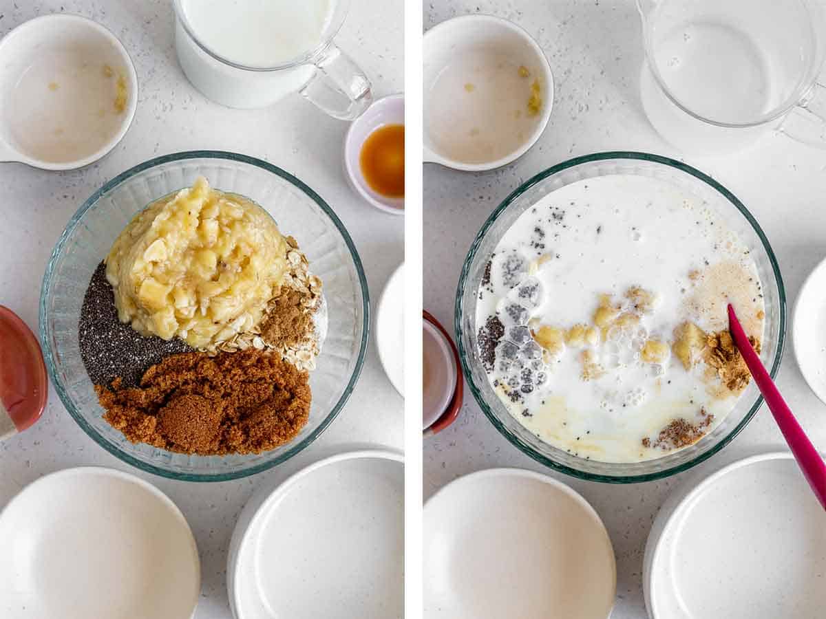 Set of two photos showing rolled oats, chia seeds, brown sugar, cinnamon, salt, mashed bananas, and milk added to a bowl.