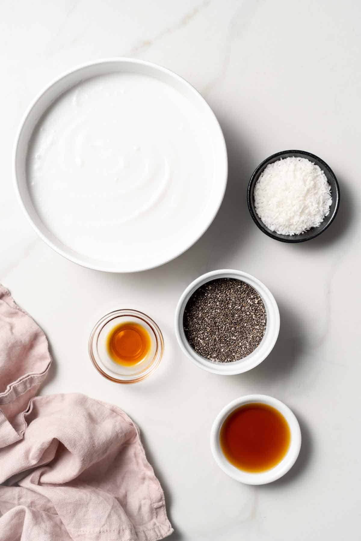 Ingredients needed to make coconut cream chia pudding.