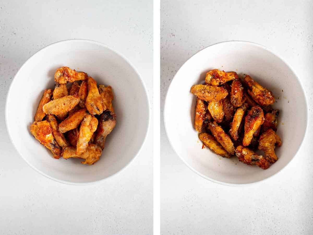 Set of two photos showing before and after chicken wings are tossed in honey lemon pepper sauce.