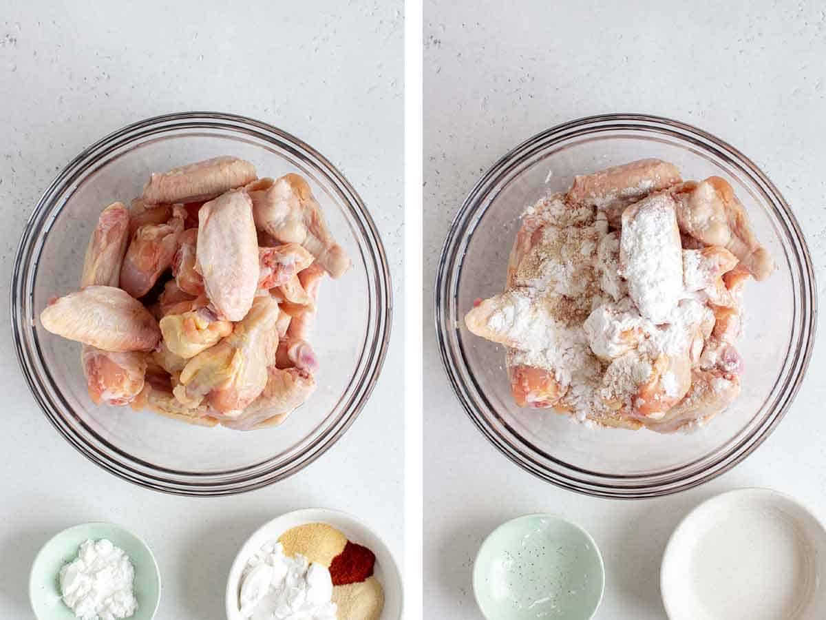 Set of two photos showing chicken wings in a bowl and seasoning and flour poured on top.