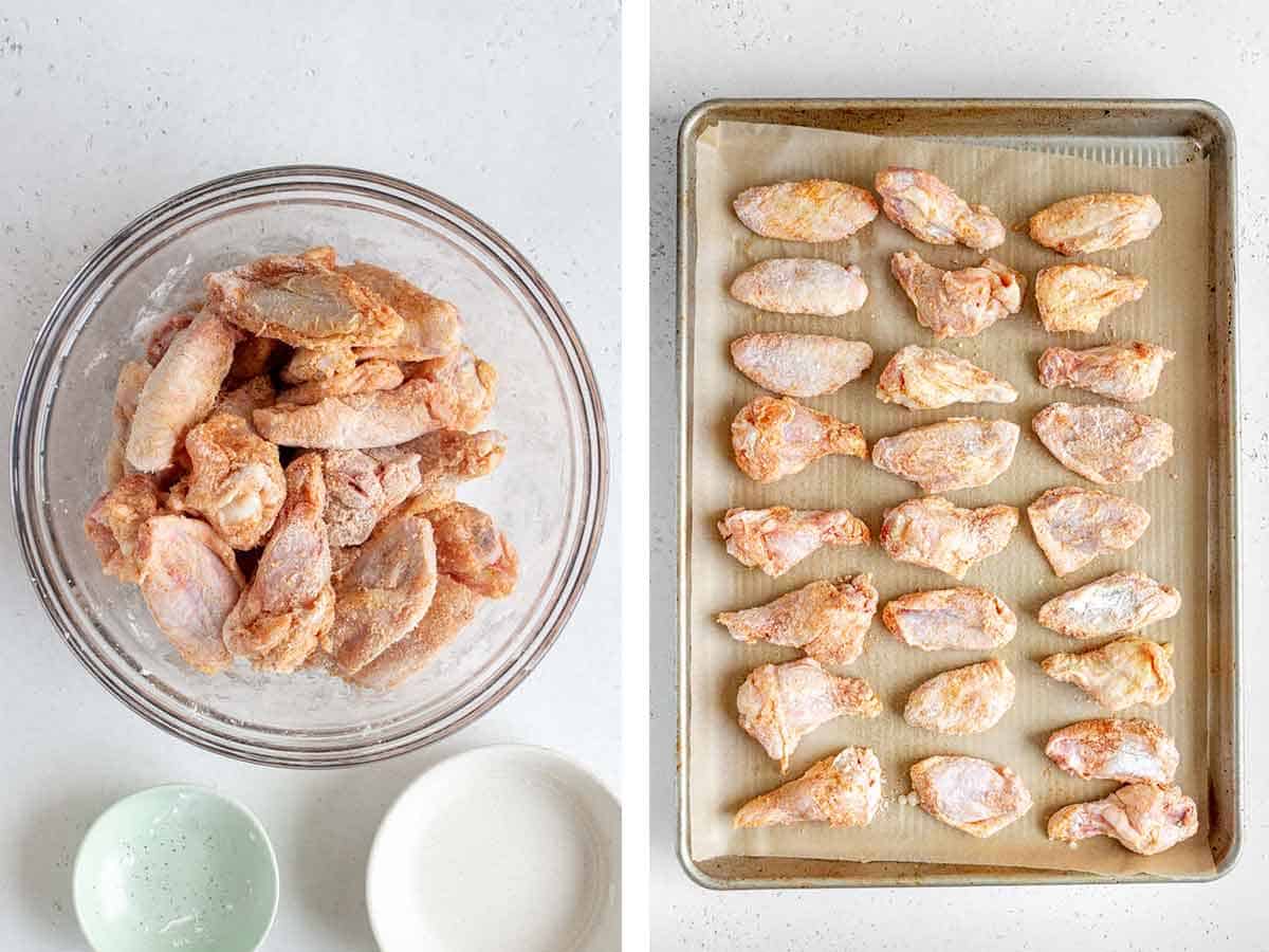 Set of two photos showing wings coated with seasoning and placed on a lined sheet pan.