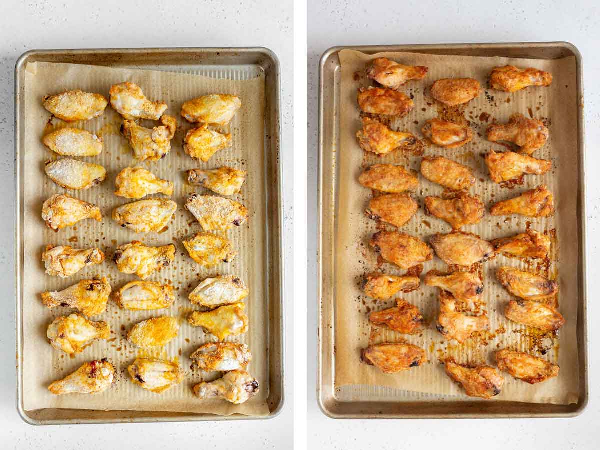 Set of two photos showing before and after chicken baked on a lined sheet pan.