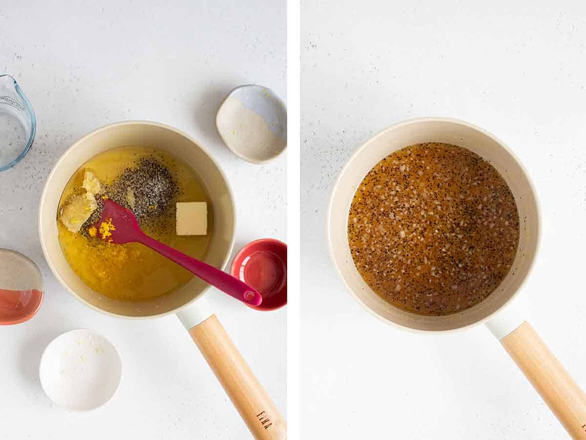 Set of two photos showing honey lemon pepper sauce before and after simmering.