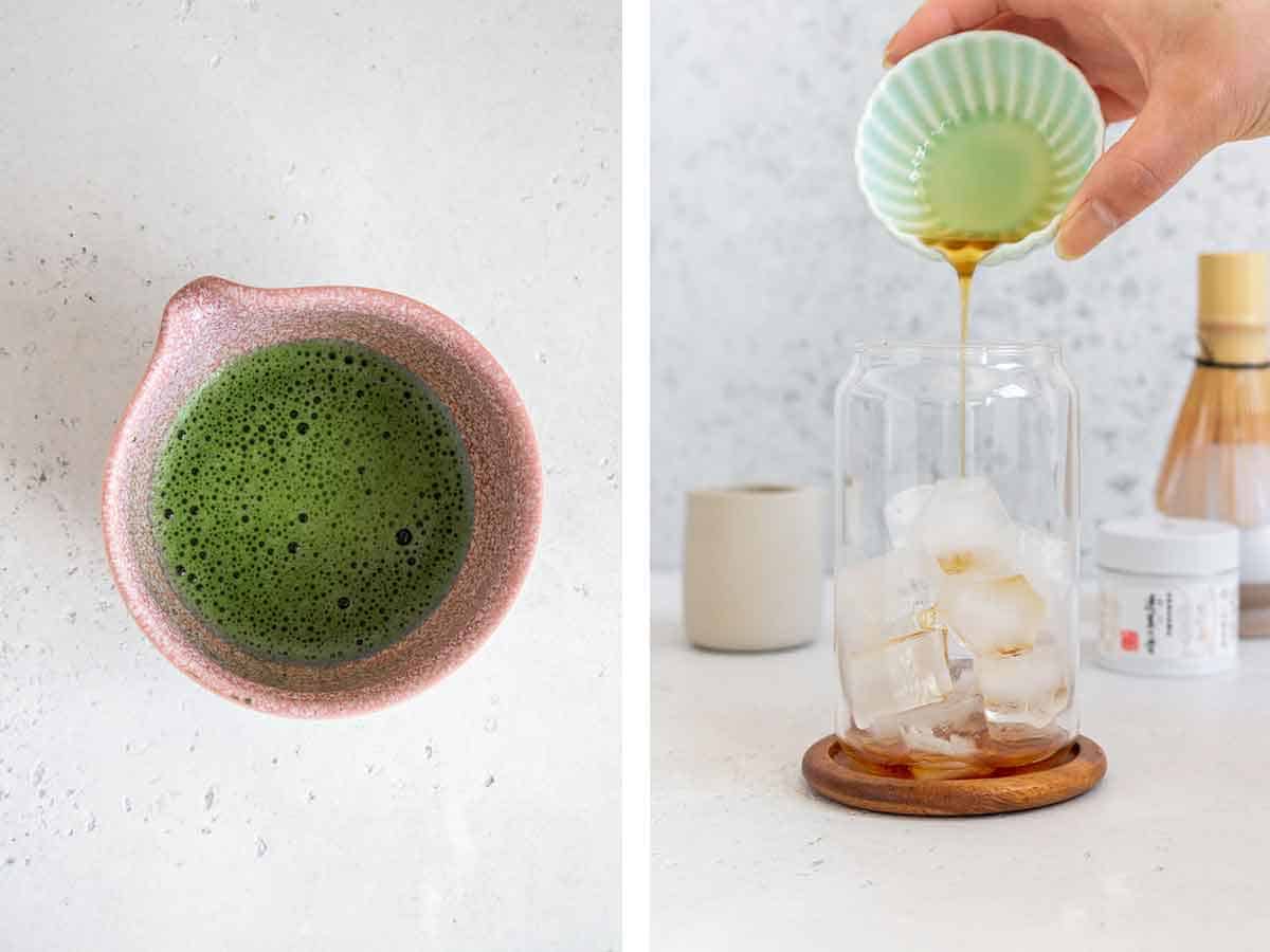 Set of two photos showing whisked matcha in a bowl and maple syrup added to a glass of ice.