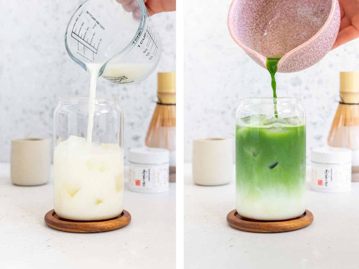 Set of two photos showing milk and matcha added to the glass of ice.