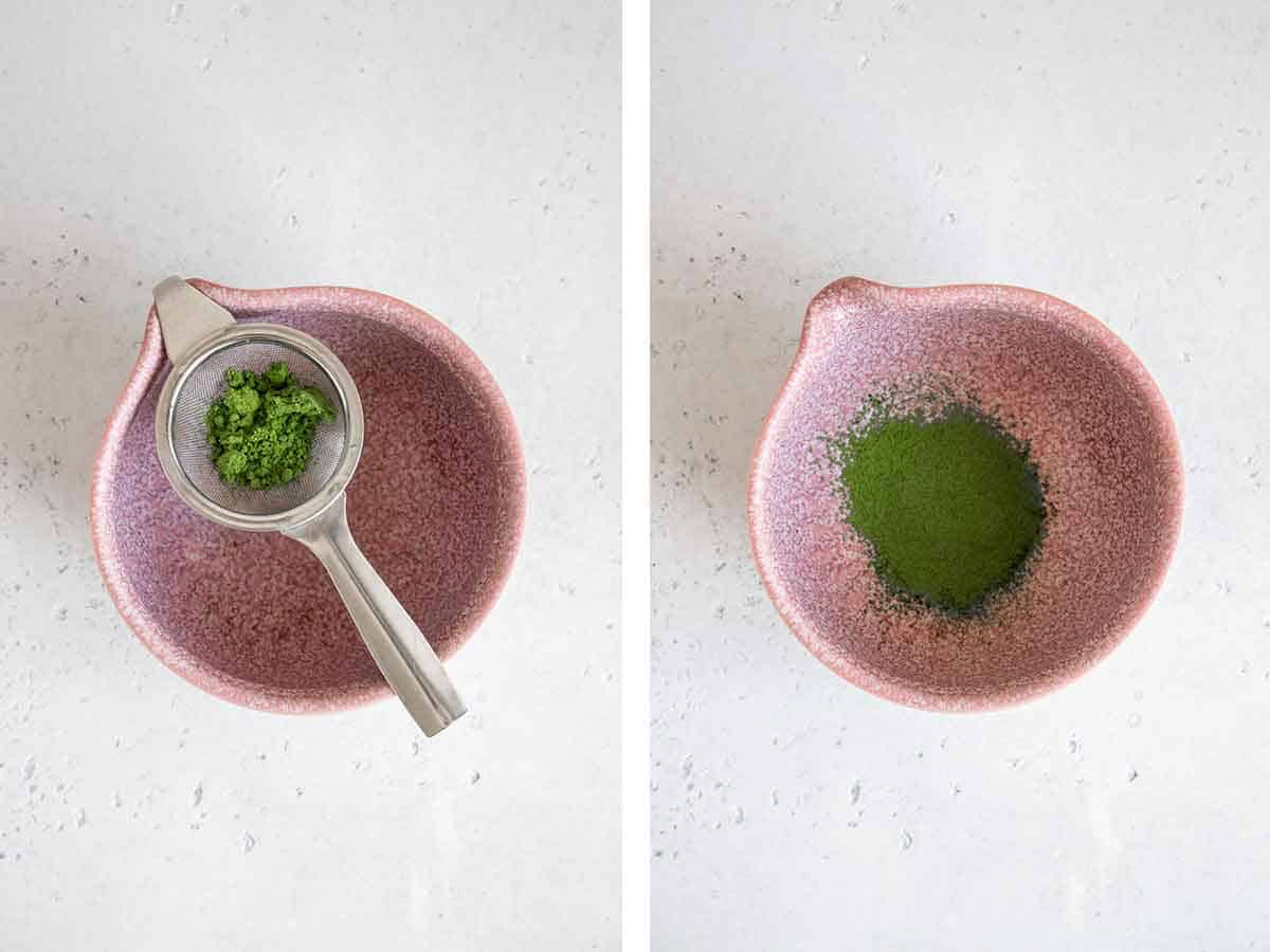 Set of two photos showing matcha powder sifted.