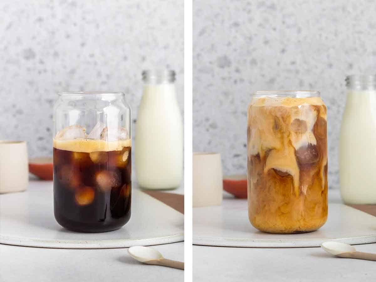 Set of two photos showing espresso and milk added to a glass.