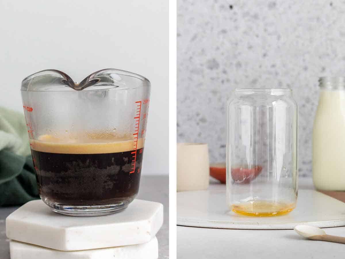 Set of two photos showing espresso in a measuring cup and syrup in a glass.