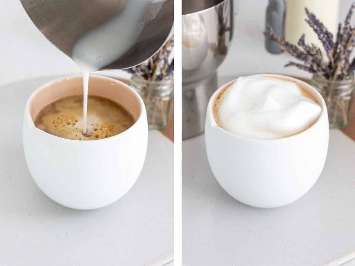 Set of two photos showing milk and foam added to a mug of coffee.