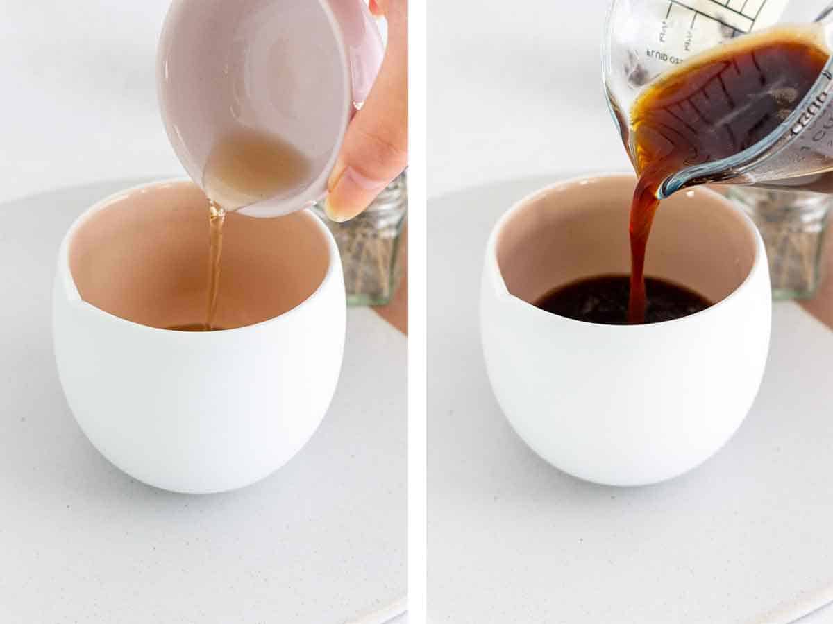 Set of two photos showing lavender syrup and espresso added to a mug.