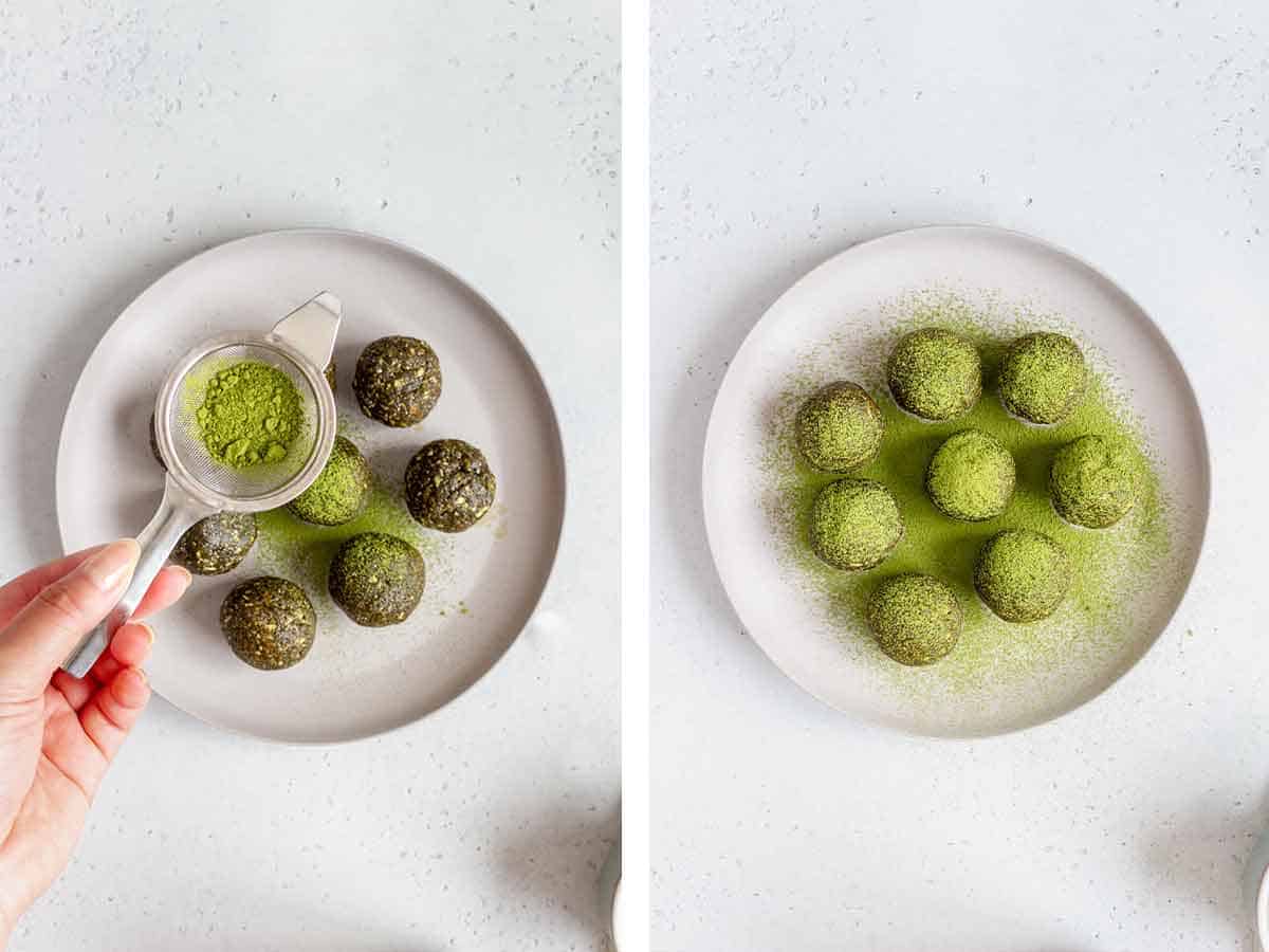 Set of two photos showing matcha dusted over energy balls.