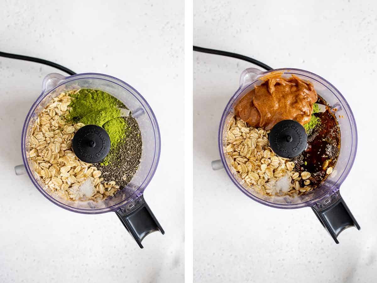 Set of two photos showing ingredients added into a food processor.