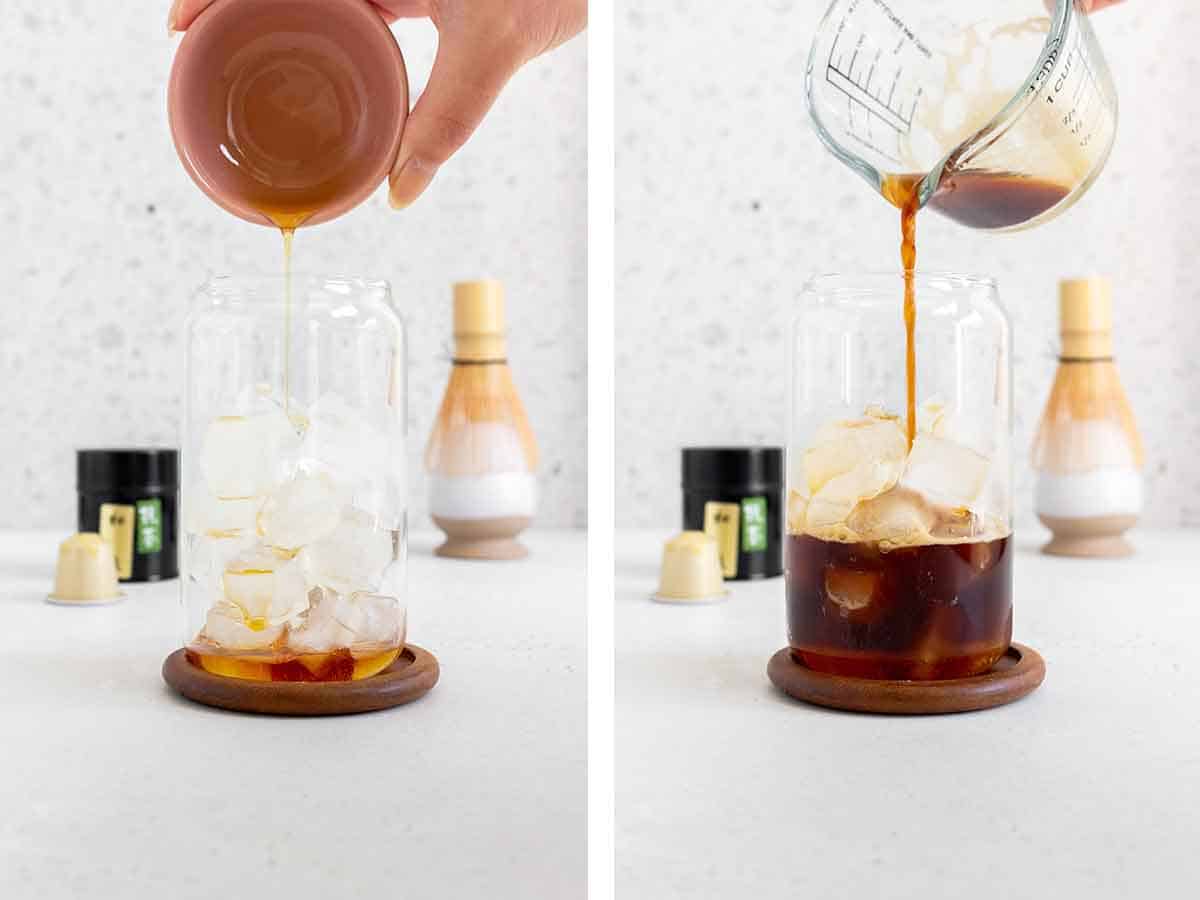 Set of two photos showing maple syrup and coffee added to a glass of ice.