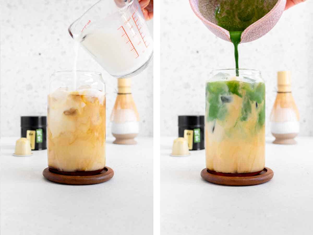 Set of two photos showing milk and matcha added to the glass.