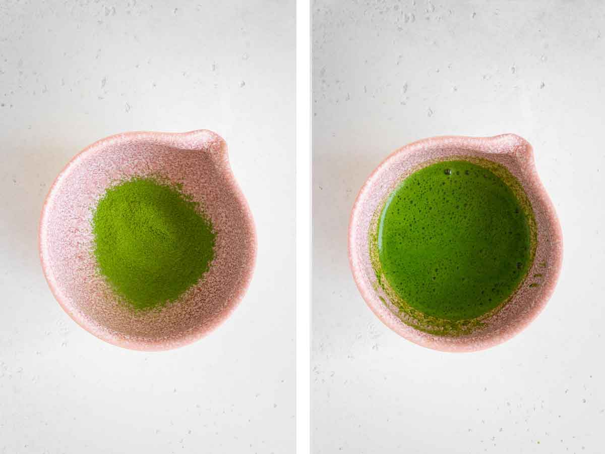 Set of two photos showing matcha powder whisked with water.