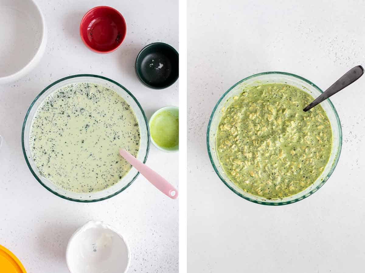 Set of two photos showing before and after matcha overnight oats set in a bowl.