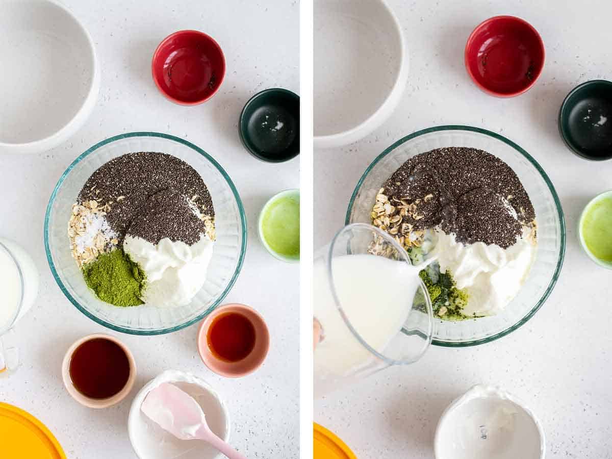 Set of two photos showing rolled oats, yogurt, chia seeds, matcha powder, and milk added to a bowl.