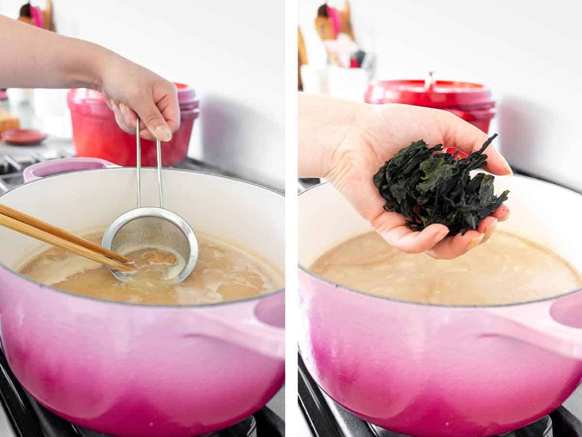 Set of two photos showing pasta worked into the liquid and seaweed added.