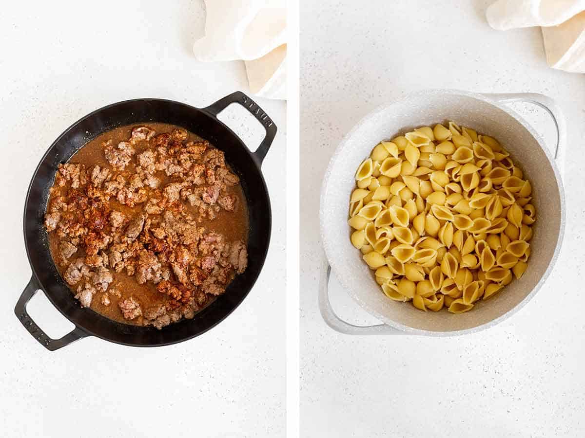 Set of two photos showing beef broth added to the skillet of meat and cooked pasta in a pot.