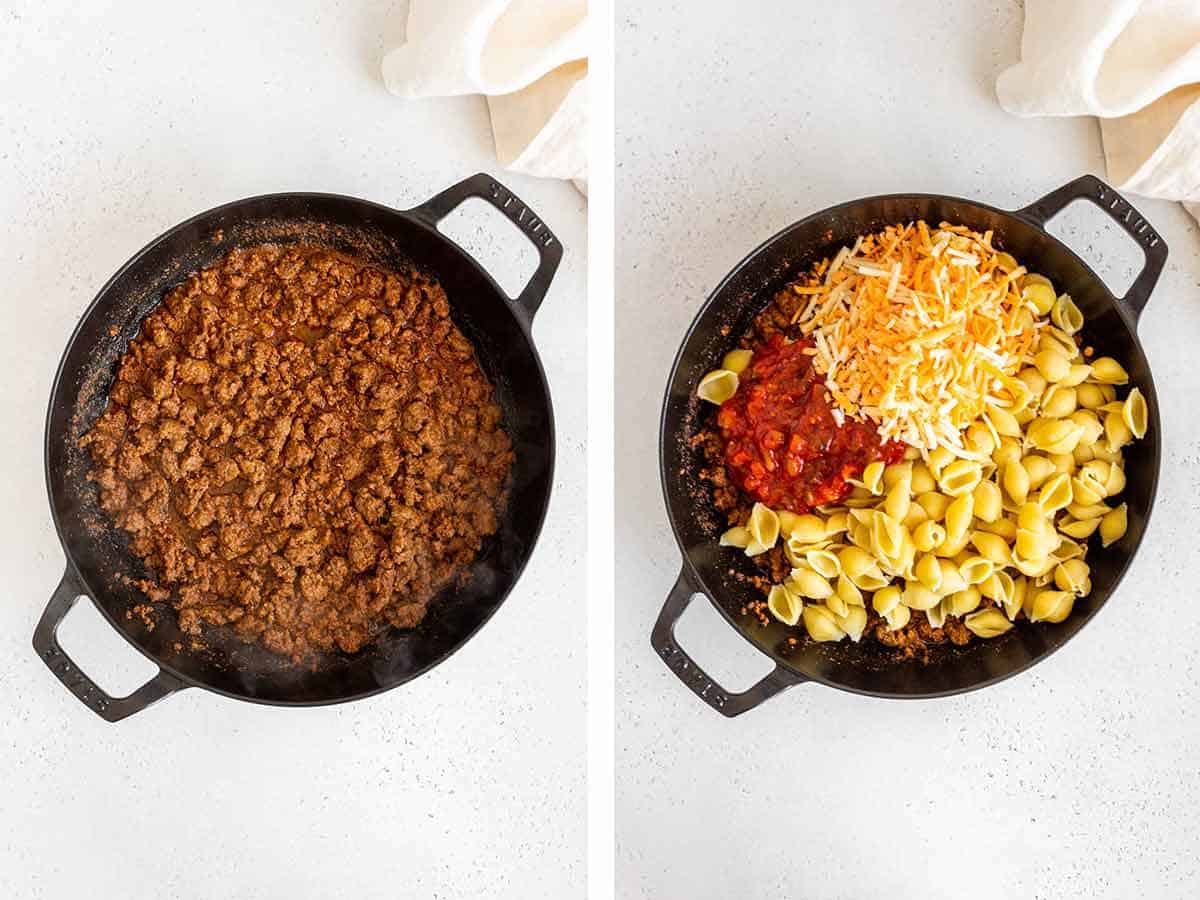 Set of two photos showing taco meat in a skillet and then pasta, salsa, and shredded cheese added to the skillet.