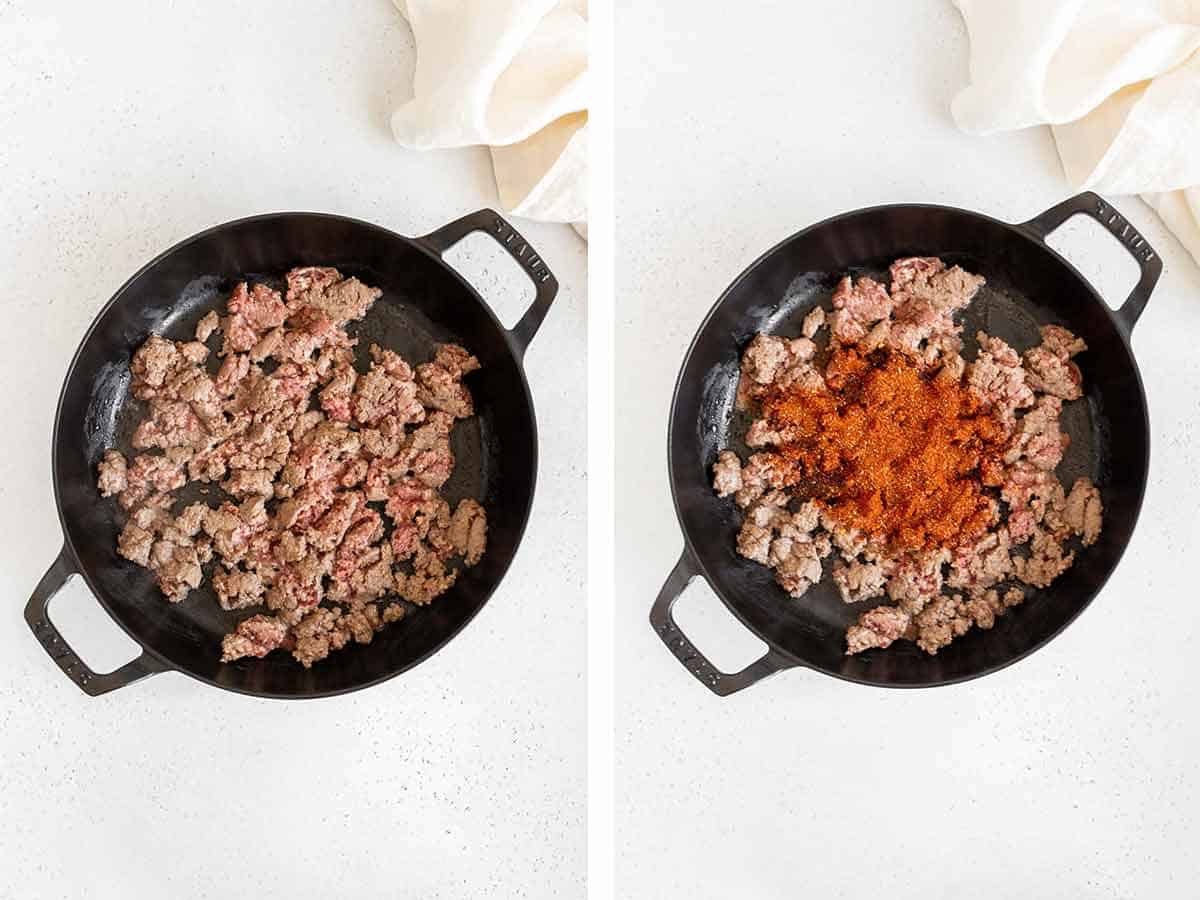 Set of two photos showing beef browned in the skillet and seasoning added.