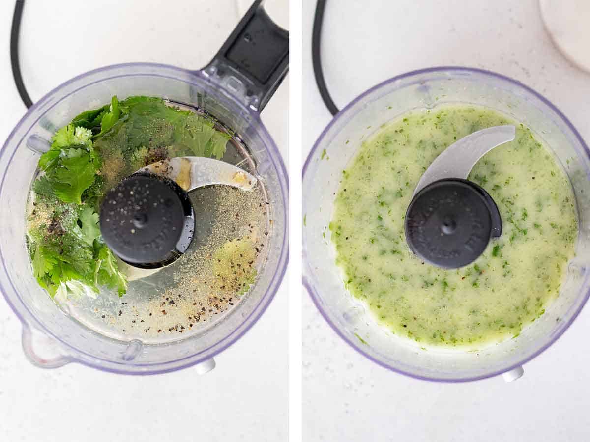 Ingredients for cilantro lime dressing in a food processor before and after mixing.