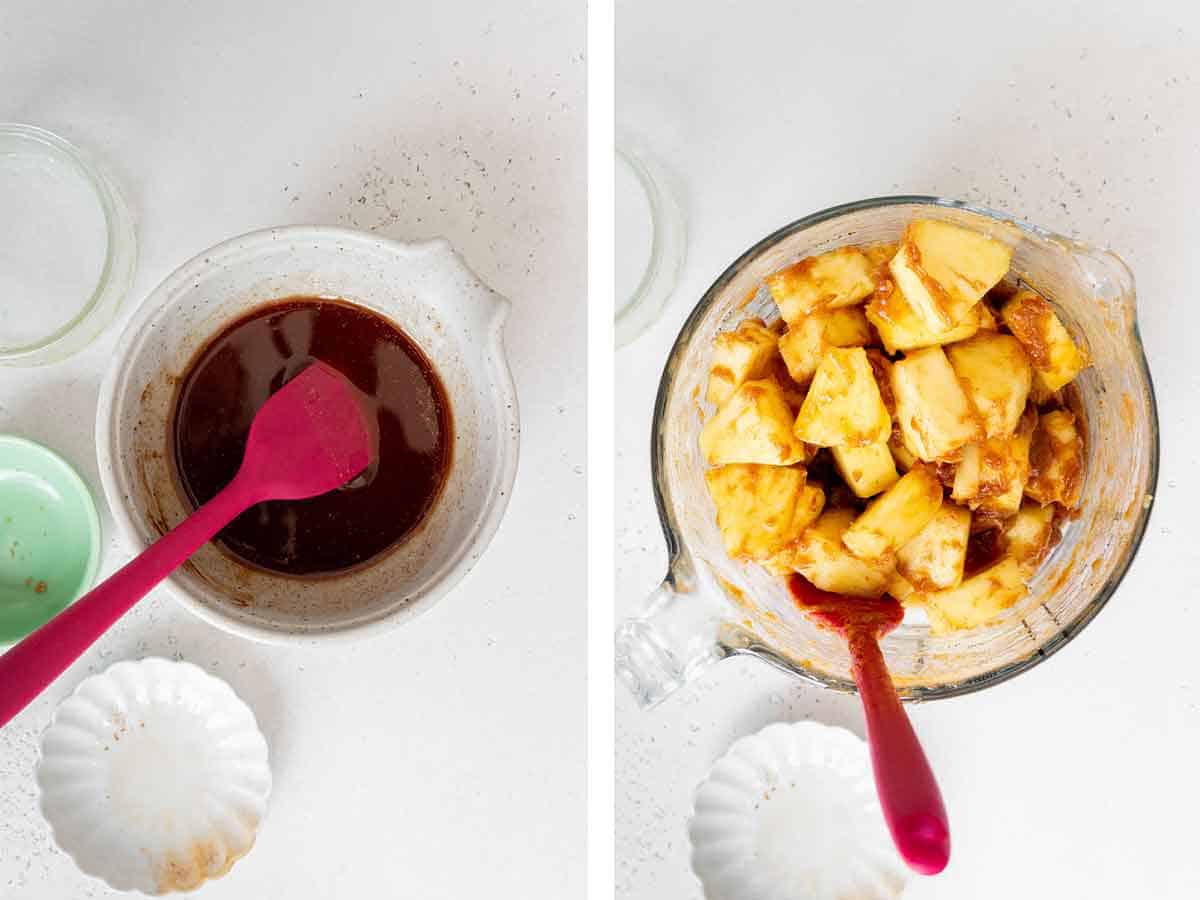 Set of two photos showing sauce mixed in a bowl and poured over pineapple chunks.