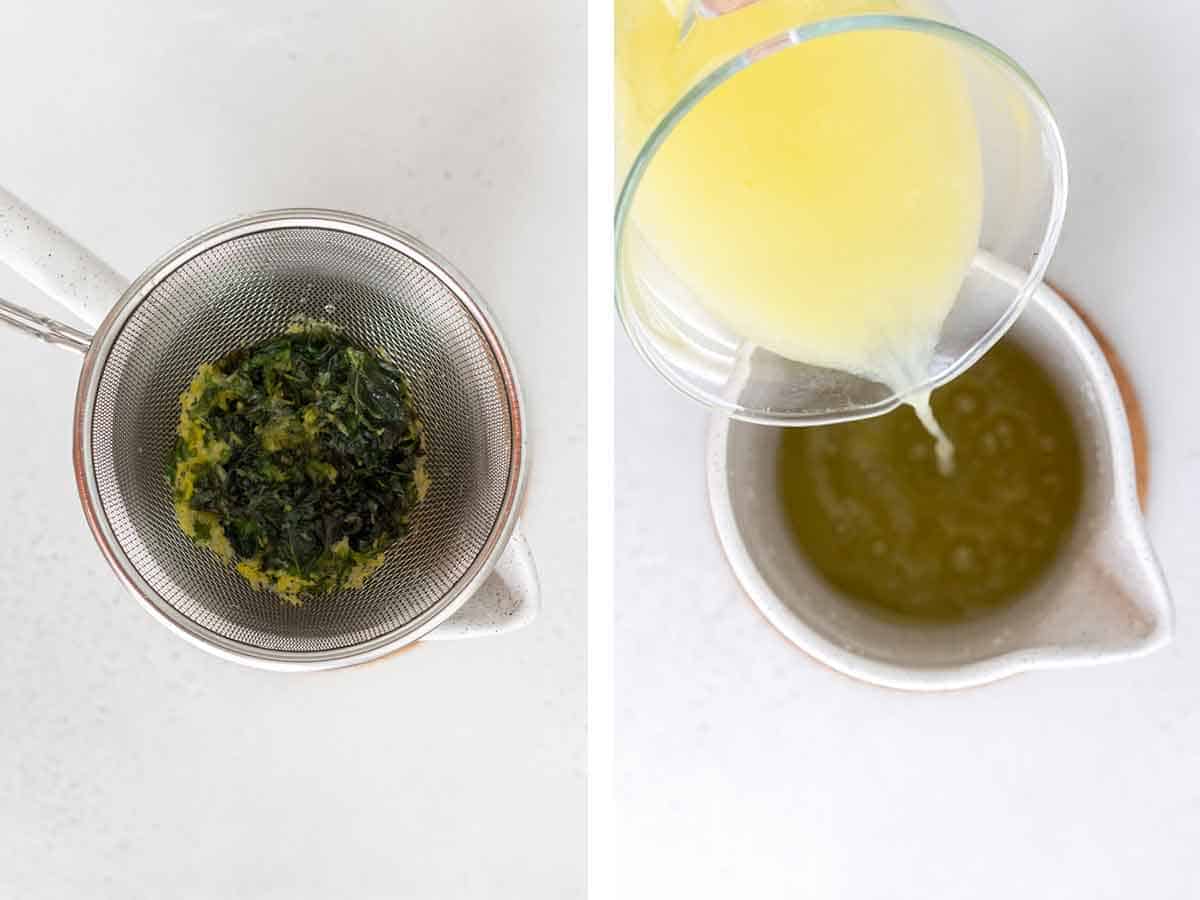 Set of two photos showing the steeped liquid strained into a pitcher and lemon juice added to it.