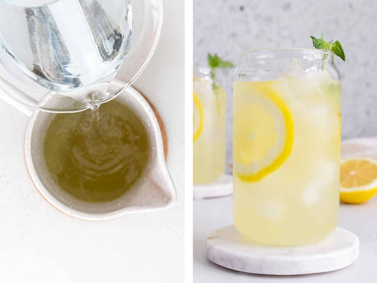 Set of two photos showing water poured into the pitcher and drink served in a glass.