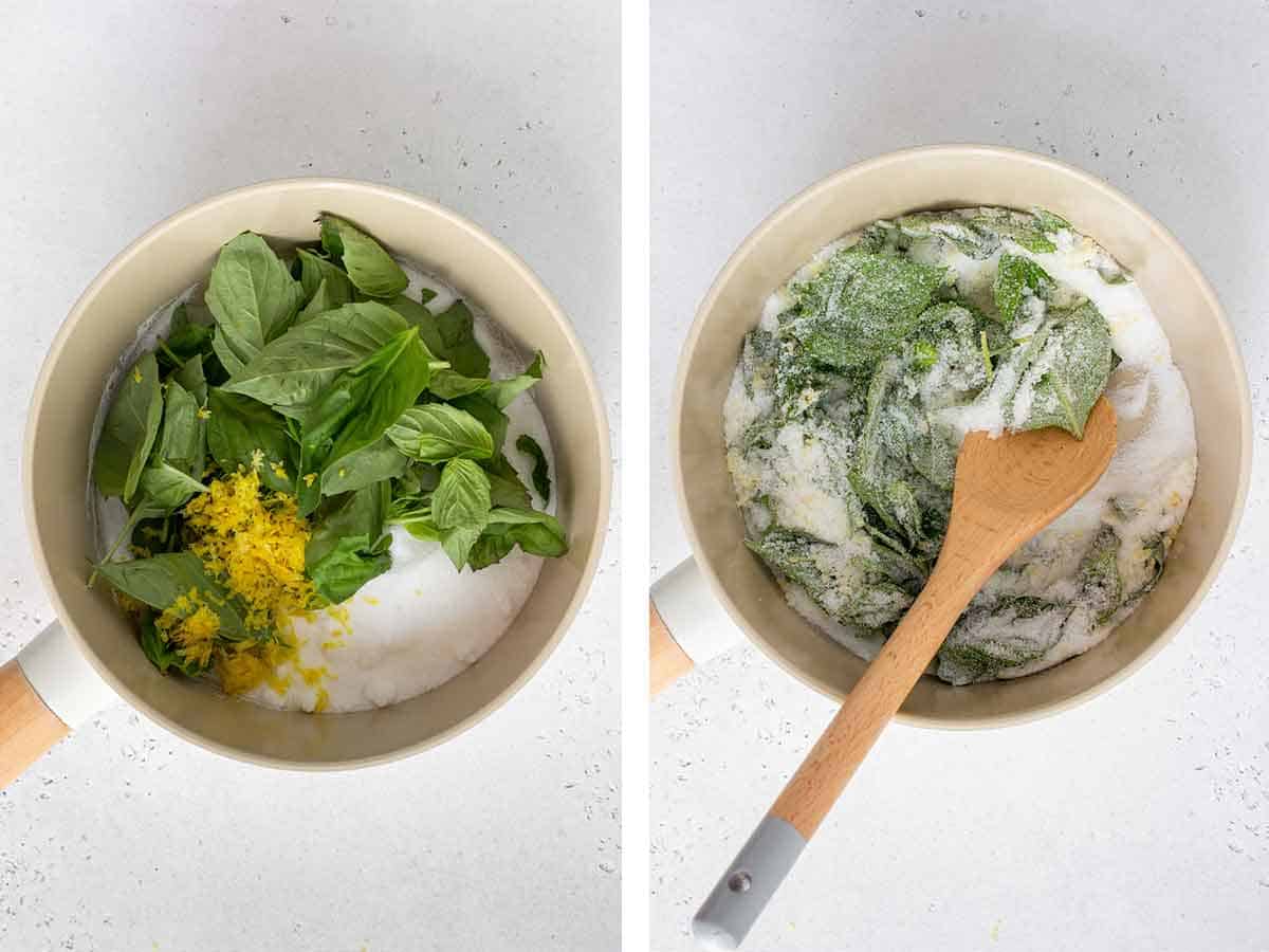 Set of two photos showing basil, sugar, and lemon zest muddled together.