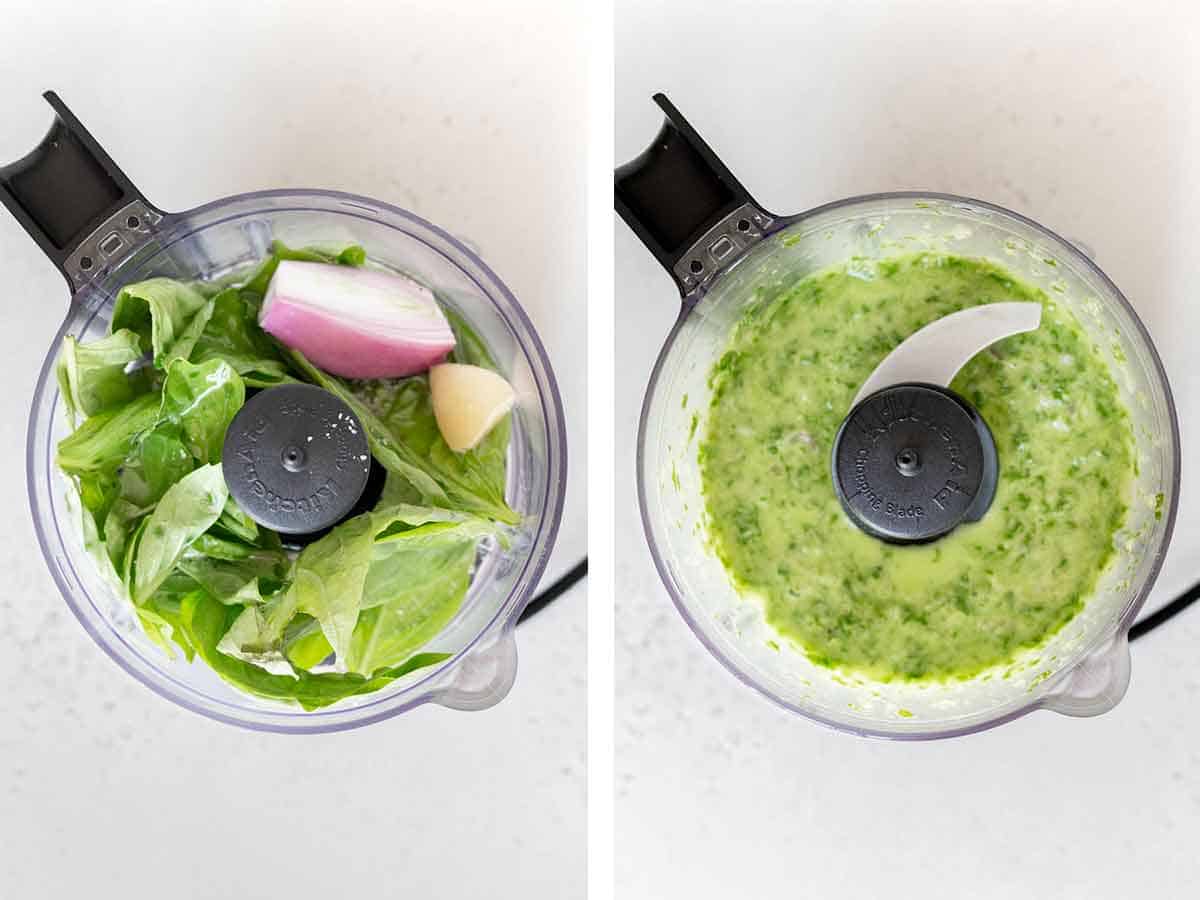 Set of two photos showing basil, garlic, and shallots in a food processor and blended with oil.