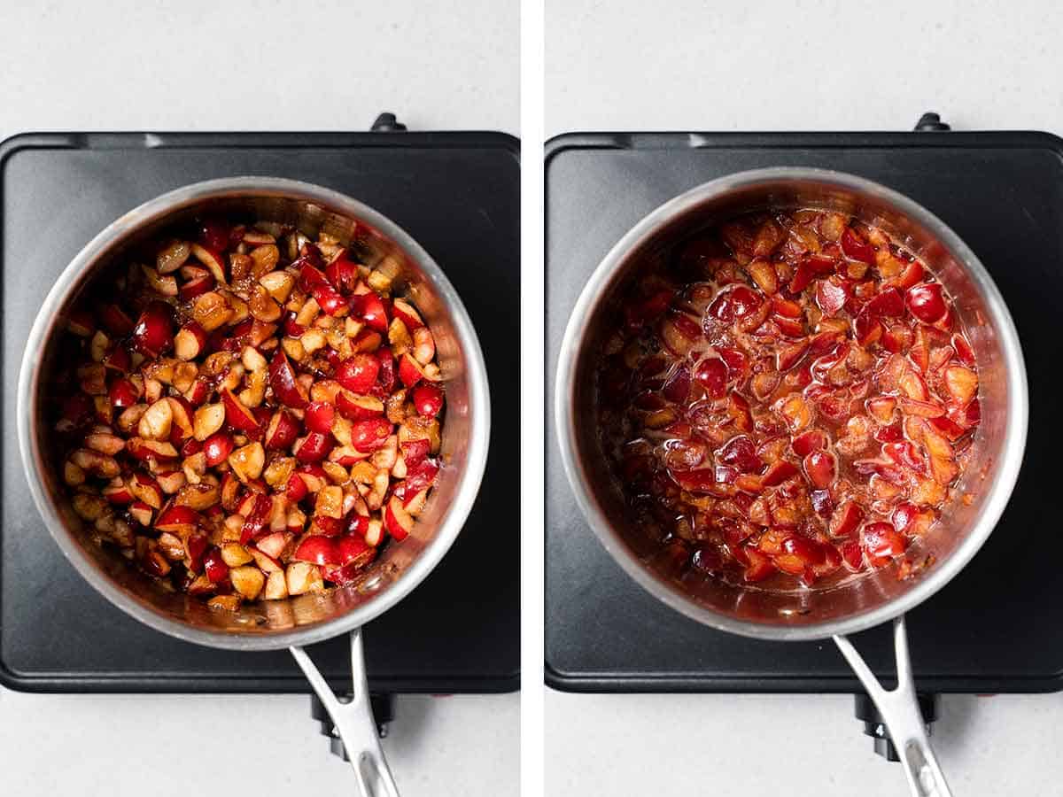 Set of two photos showing cherries cooked in a saucepan.