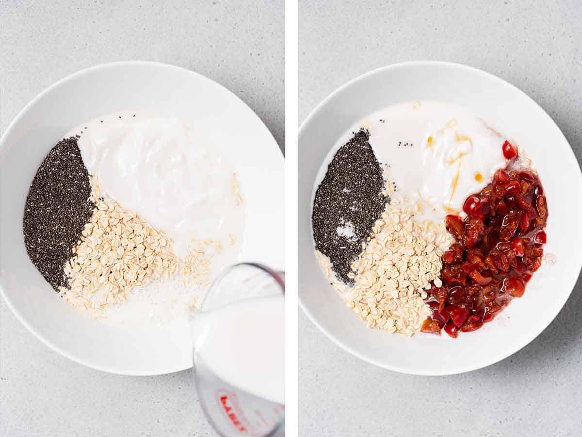 Set of two photos showing ingredients for overnight oats added to a bowl.