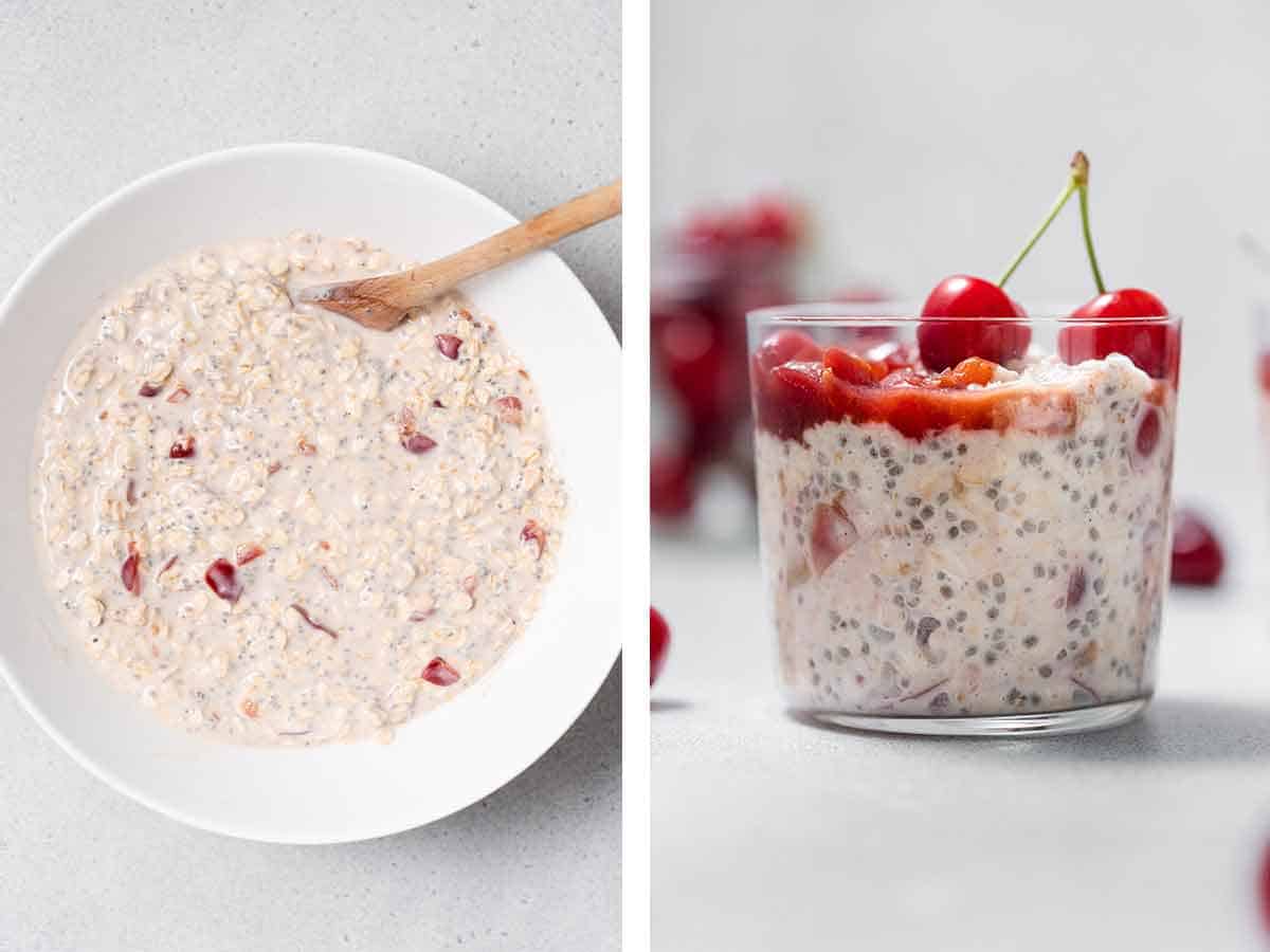 Set of two photos showing the cherry overnight oats ingredients mixed together in a bowl and then added to a jar.