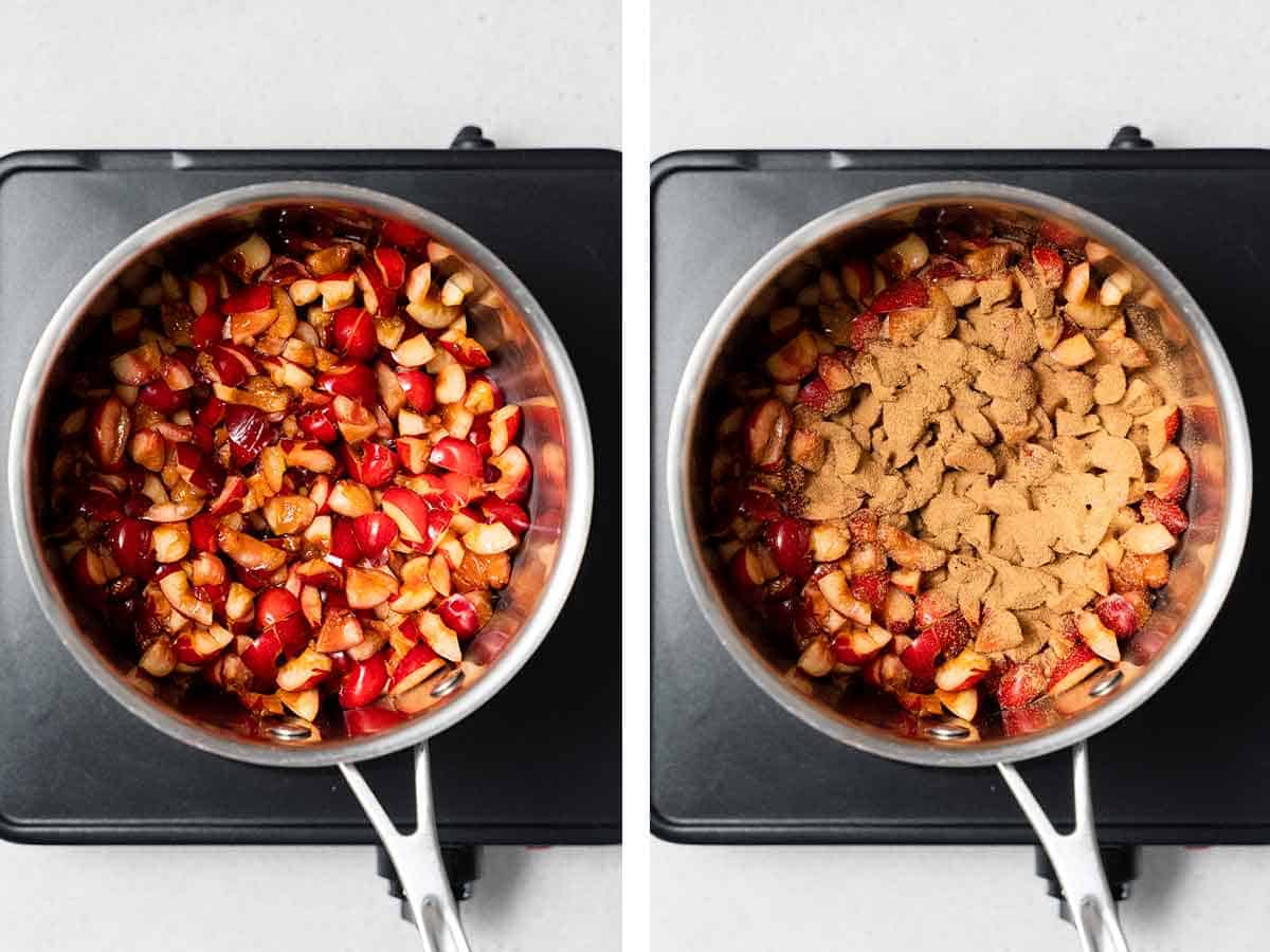 Set of two photos showing pitted cherries in a small saucepan along with cinnamon.